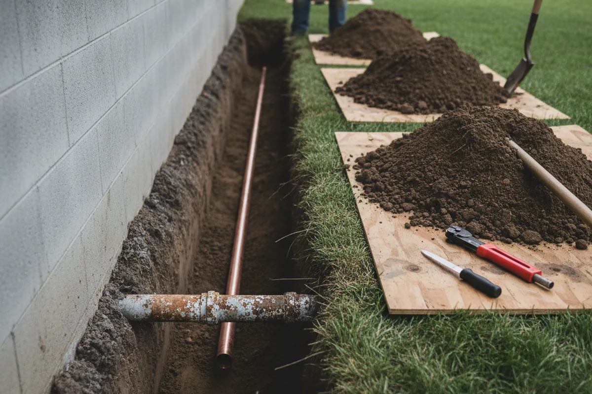 Excavated water line trench during Water Softener Installation in Thomasville